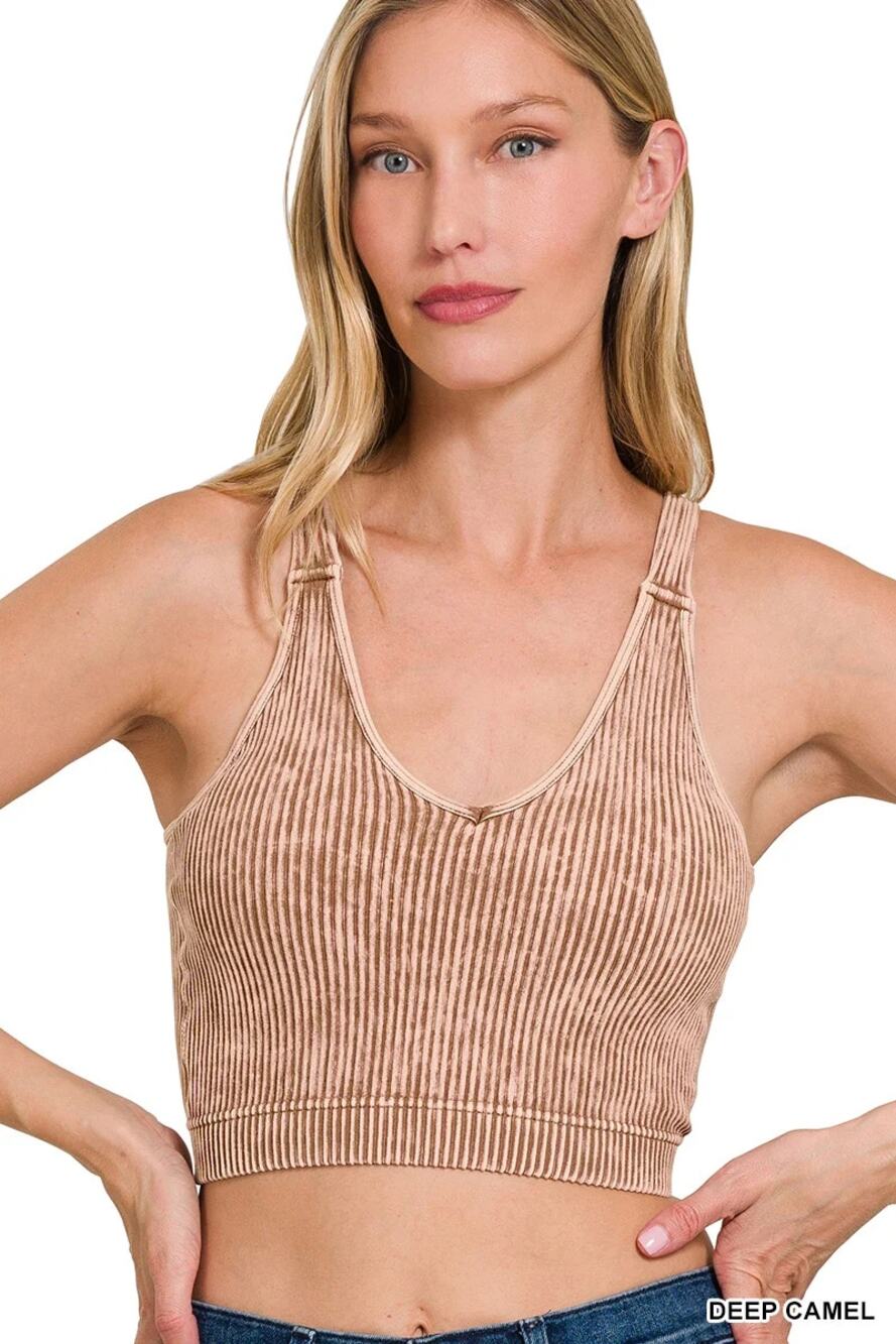 NEW Zenana Padded Mineral Washed Ribbed Crop Top Tan Size L/XL